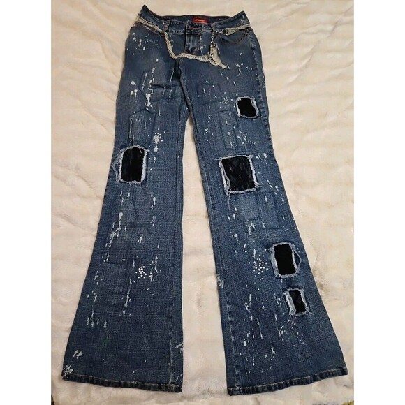 Blue Asphalt Womens Vintage Y2k Jeans Size 3 Paint / Black Lace / Chain Detail - Picture 1 of 11